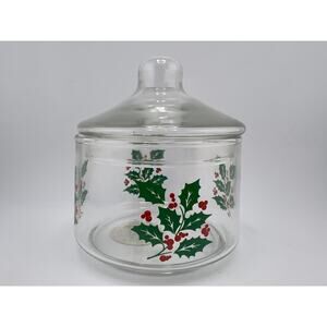 Vintage Indiana Glass 5979 Clear Christmas Holly Berries Snack‎ Jar with Lid